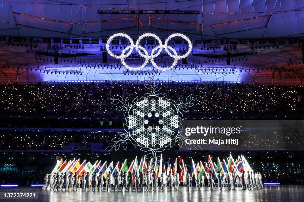 General view of the Olympic Cauldron during the Beijing 2022 Winter Olympics Closing Ceremony on Day 16 of the Beijing 2022 Winter Olympics at...