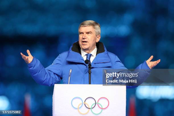 International Olympic Committee President Thomas Bach gives a speech during the Beijing 2022 Winter Olympics Closing Ceremony on Day 16 of the...