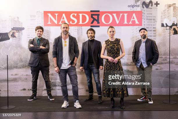 Luismi Perez, Hugo Silva, Marc Vigil, Leonor Watling and Sergio Sarria pose at 'Nasdrovia' photocall at Movistar on February 23, 2022 in Madrid,...