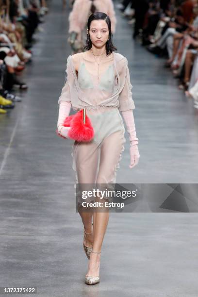 Model walks the runway at the Fendi fashion show during the Milan Fashion Week Fall/Winter 2022/2023 on February 23, 2022 in Milan, Italy.