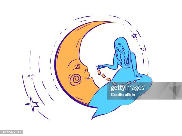 stockillustraties, clipart, cartoons en iconen met woman with tarot cards sitting on the moon - tarot cards