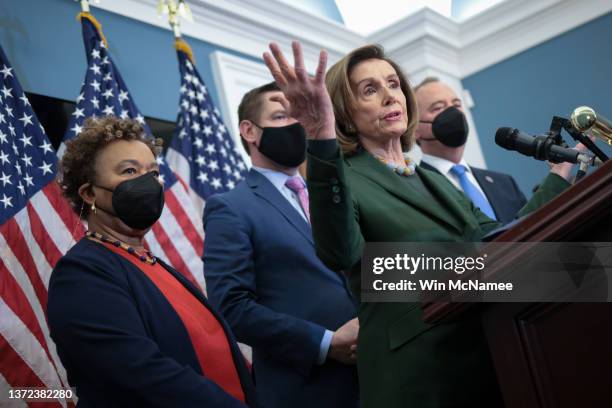 Speaker of the House Nancy Pelosi speaks during her weekly news conference at the U.S. Capitol on February 23, 2022 in Washington, DC. Pelosi spoke...