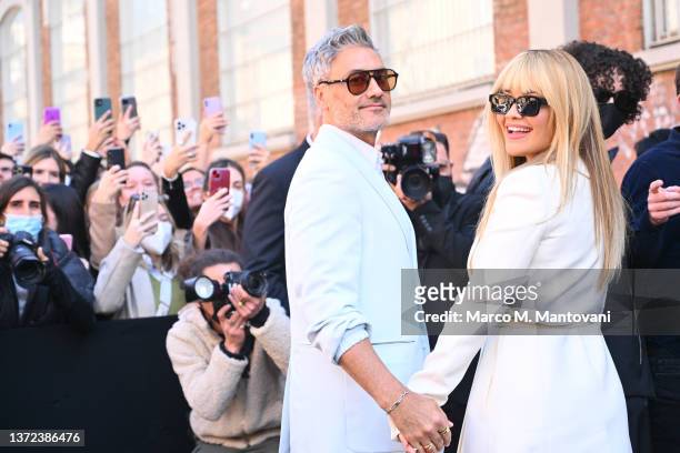 Taika Waititi and Rita Ora are seen arriving at the Fendi fashion show during the Milan Fashion Week Fall/Winter 2022/2023 on February 23, 2022 in...