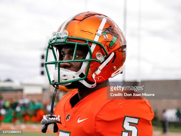 Defensive Back Markquese Bell of the Florida A&M Rattlers on the sidelines before the start of the game against the Grambling State Tigers at Bragg...