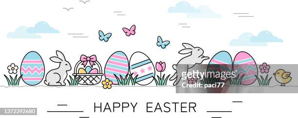 stockillustraties, clipart, cartoons en iconen met happy easter icon set with eggs, bunnies and butterfly - konijntje