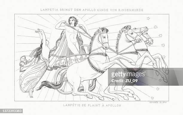 stockillustraties, clipart, cartoons en iconen met lampetia complaining to apollo (odyssey), steel engraving, published in 1833 - chariot