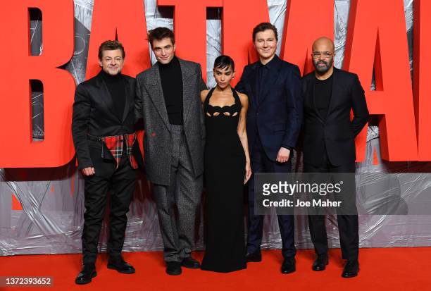 Andy Serkis, Robert Pattinson, Zoë Kravitz, Paul Dano and Jeffrey Wright attend a special screening of The Batman at BFI IMAX Waterloo on February...