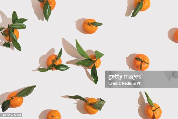 pattern from orange tangerines with leaves on a white solid background. the concept of winter comfortable festive food. top view. flat lay. - orange isolated imagens e fotografias de stock