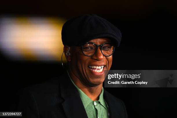 Ian Wright, pundit for ITV reacts prior to the Arnold Clark Cup match between England and Germany at Molineux on February 23, 2022 in Wolverhampton,...