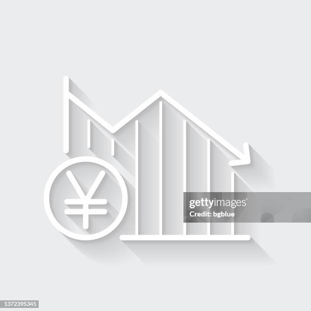 ilustrações de stock, clip art, desenhos animados e ícones de declining graph with yen coin. icon with long shadow on blank background - flat design - símbolo do yen