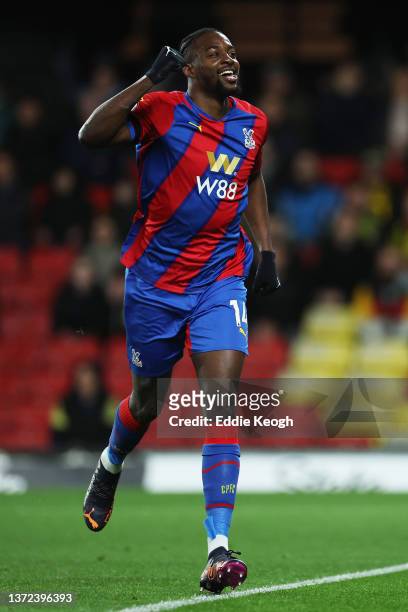 Jean-Philippe Mateta of Crystal Palace celebrates after scoring their team's first goal during the Premier League match between Watford and Crystal...