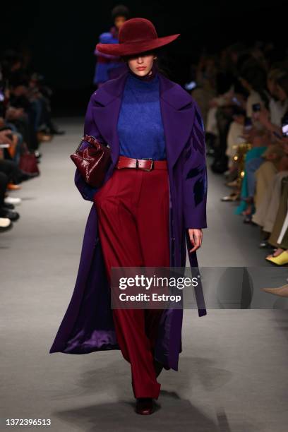 Model walks the runway at the Alberta Ferretti fashion show during the Milan Fashion Week Fall/Winter 2022/2023 on February 23, 2022 in Milan, Italy.