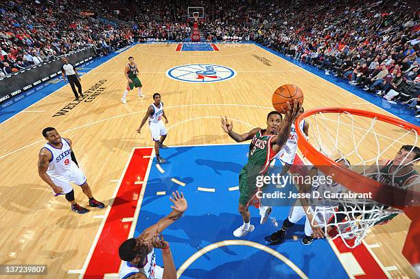 Brandon Jennings of the Milwaukee Bucks goes to the basket during the game against the Philadelphia 76ers on January 16, 2012 at Wells Fargo Center...