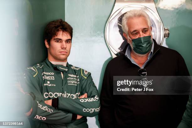 Lance Stroll of Aston Martin and Canada with his father Lawrence Stroll of Aston Martin and Canada during Day One of F1 Testing at Circuit de...