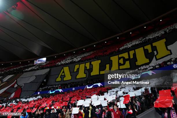 Atletico Madrid fans create a tifo prior to the UEFA Champions League Round Of Sixteen Leg One match between Atletico Madrid and Manchester United at...