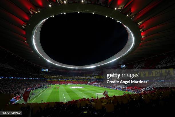 General view inside the stadium prior to the UEFA Champions League Round Of Sixteen Leg One match between Atletico Madrid and Manchester United at...