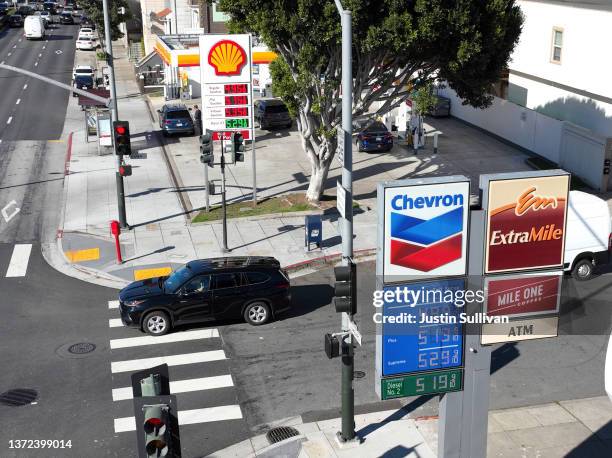 In an aerial view, gas prices over $5.00 a gallon are displayed at gas stations on February 23, 2022 in San Francisco, California. The Ukraine-Russia...