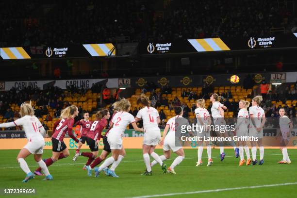 Lina Magull of Germany scores their team's first goal from a free-kick during the Arnold Clark Cup match between England and Germany at Molineux on...