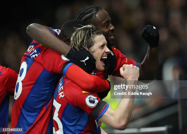 Conor Gallagher celebrates with teammate Cheikhou Kouyate of Crystal Palaceafter scoring their team's second goal during the Premier League match...