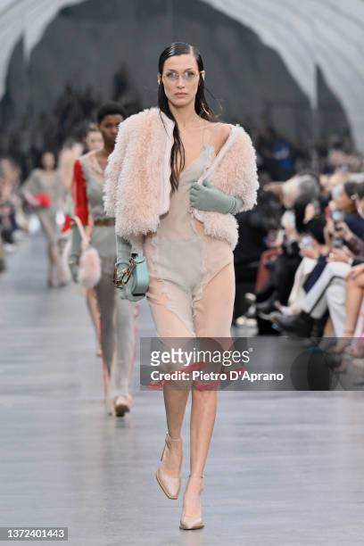Bella Hadid walks the runway at the Fendi fashion show during the Milan Fashion Week Fall/Winter 2022/2023 on February 23, 2022 in Milan, Italy.