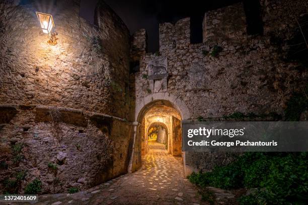 entrance to a medieval castle at night - castle stock-fotos und bilder