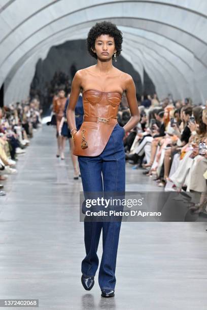 Model walks the runway at the Fendi fashion show during the Milan Fashion Week Fall/Winter 2022/2023 on February 23, 2022 in Milan, Italy.