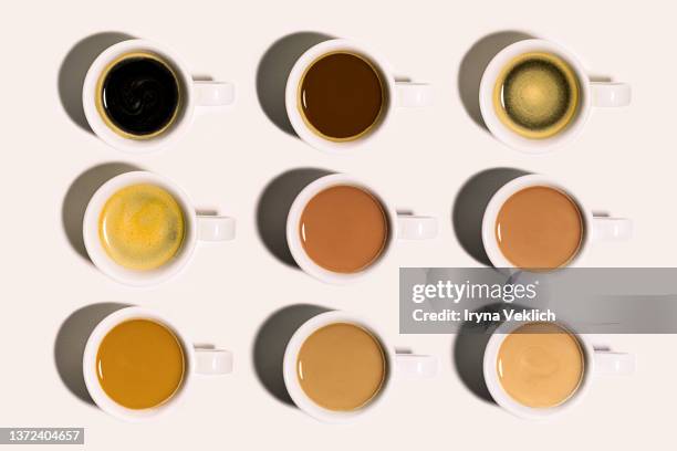many different types of gourmet coffee, selection in a white cup. - カフェラテ ストックフォトと画像