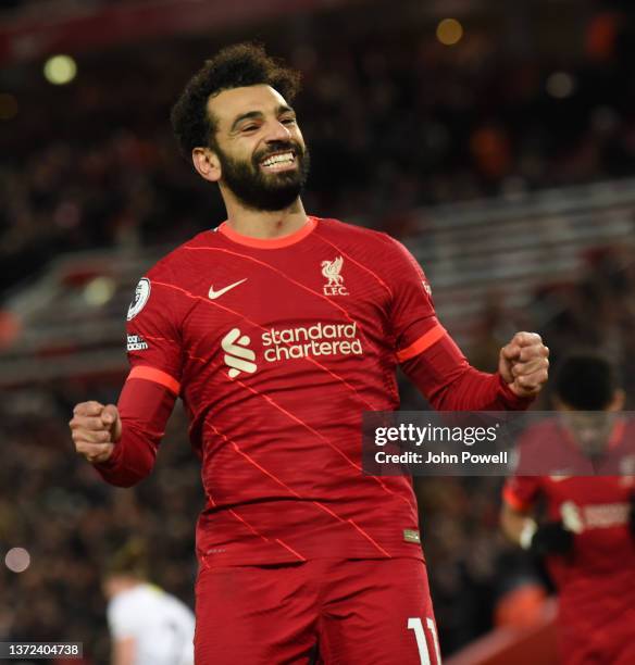 Mohamed Salah of Liverpool celebrates after scoring the third goal during the Premier League match between Liverpool and Leeds United at Anfield on...