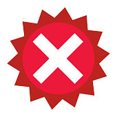 Cross-marked badge icon. Problems and negations. Vectors.