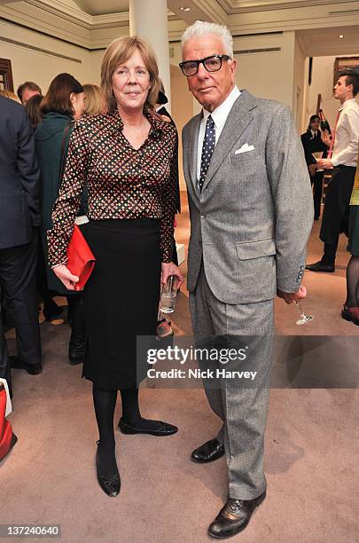 Emma Soames and Nicky Haslam attend the book launch party of David Hockney: The Biography by Christopher Simon Sykes at Sotheby's on January 16, 2012...