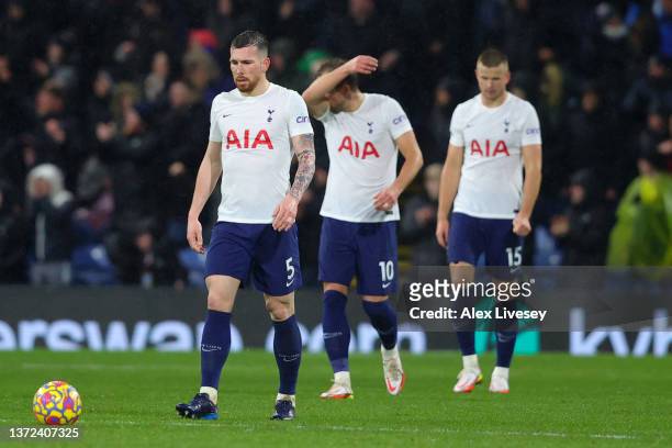 Pierre-Emile Hojbjerg of Tottenham Hotspur react after Ben Mee of Burnley scored their sides first goal during the Premier League match between...