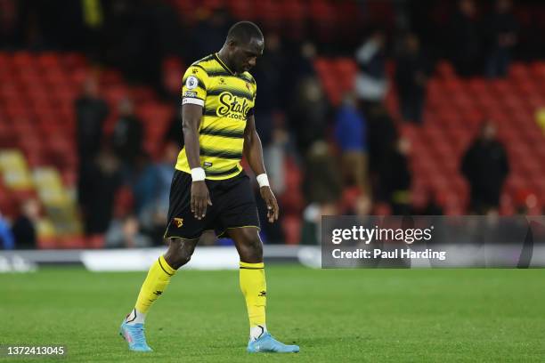 Moussa Sissoko of Watford FC looks dejected following their side's defeat in the Premier League match between Watford and Crystal Palace at Vicarage...
