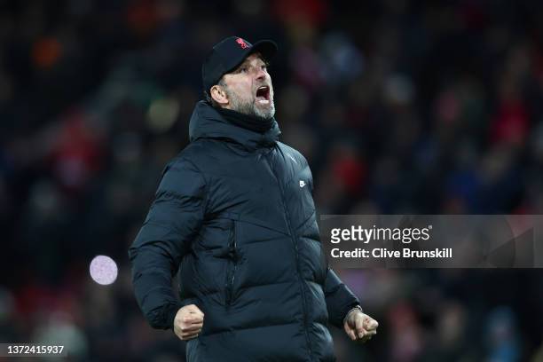 Juergen Klopp, Manager of Liverpool celebrates following the Premier League match between Liverpool and Leeds United at Anfield on February 23, 2022...