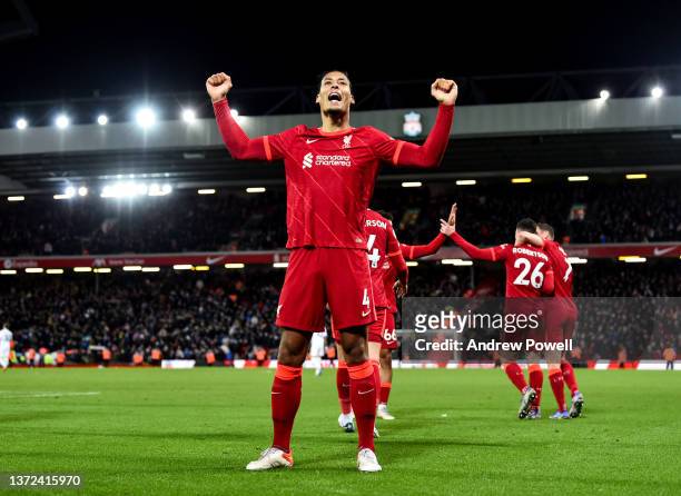 Virgil van Dijk of Liverpool celebrates after scoring the sixth goal during the Premier League match between Liverpool and Leeds United at Anfield on...