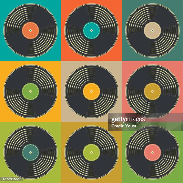 レトロミュージックヴィンテージビニールレコードポスターポップアートスタイルで。ディスコパーティー60年代、70年代、80年代。 - ディスコ音楽点のイラスト素材／クリップアート素材／マンガ素材／アイコン素材