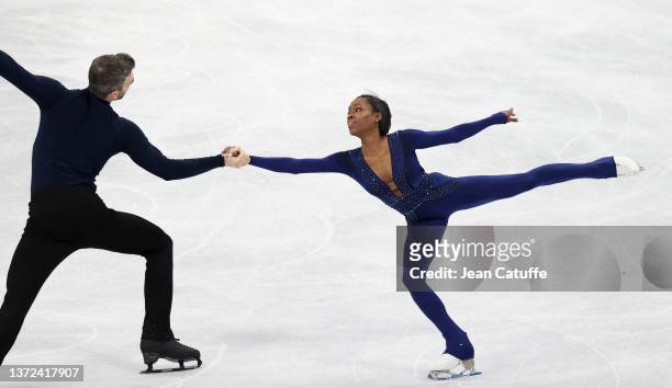 Vanessa James and Eric Radford of Team Canada skate during the Pair Skating Free Skating on day fifteen of the Beijing 2022 Winter Olympic Games at...