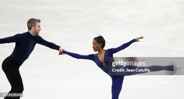 Vanessa James and Eric Radford of Team Canada skate during the Pair Skating Free Skating on day fifteen of the Beijing 2022 Winter Olympic Games at...