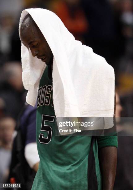 Kevin Garnett of the Boston Celtics walks off the court after the loss to the Oklahoma City Thunder on January 16, 2012 at TD Garden in Boston,...