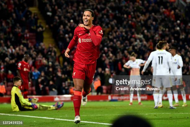 Virgil van Dijk of Liverpool celebrates after scoring the sixth goal during the Premier League match between Liverpool and Leeds United at Anfield on...
