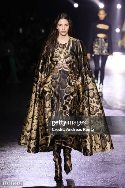 Model walks the runway at the Roberto Cavalli fashion show during the Milan Fashion Week Fall/Winter 2022/2023 on February 23, 2022 in Milan, Italy.