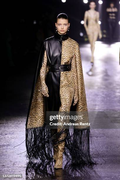 Model walks the runway at the Roberto Cavalli fashion show during the Milan Fashion Week Fall/Winter 2022/2023 on February 23, 2022 in Milan, Italy.