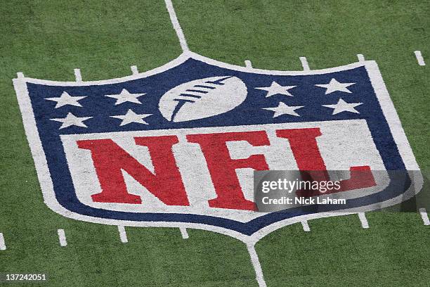 Detail of the official National Football League NFL logo is seen painted on the turf as the New York Giants host the Atlanta Falcons during their NFC...