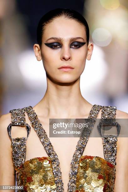 Headshot at the Roberto Cavalli fashion show during the Milan Fashion Week Fall/Winter 2022/2023 on February 23, 2022 in Milan, Italy.