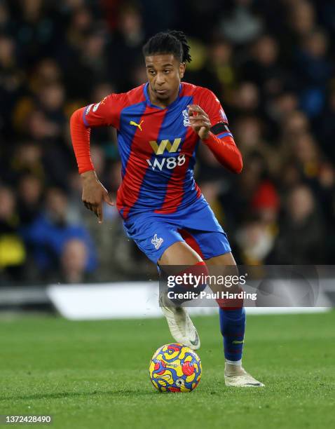 Michael Olise of Crystal Palace runs with the ball during the Premier League match between Watford and Crystal Palace at Vicarage Road on February...