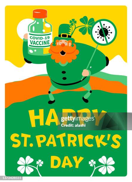 the mysterious leprechaun carrying a vaccine bottle on the shoulder fighting against coronavirus (covid-19, flu virus) and walking in the meadow with "happy st. patrick's day" handwriting text - covid 19 vaccine card stock illustrations