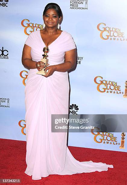 Octavia Spencer poses in the press roon at the 69th Annual Golden Globe Awards at The Beverly Hilton hotel on January 15, 2012 in Beverly Hills,...