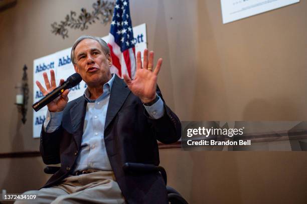 Texas Gov. Greg Abbott speaks during the 'Get Out The Vote' campaign event on February 23, 2022 in Houston, Texas. Gov. Greg Abbott joined staff at...