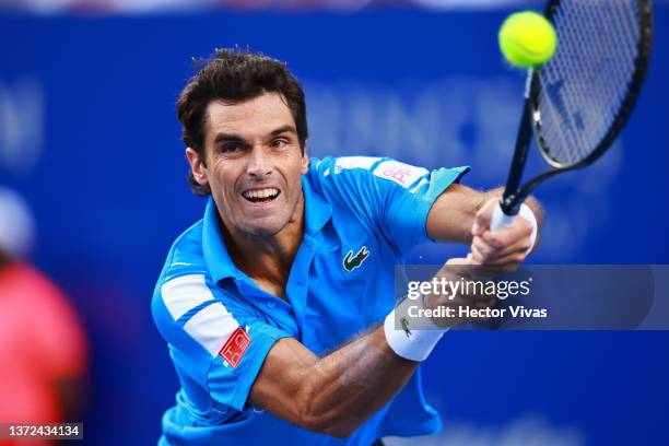 Pablo Andujar of Spain plays a backhand during a match between Daniil Medvedev of Russia and Pablo Andujar of Spain as part of day 3 of the Telcel...