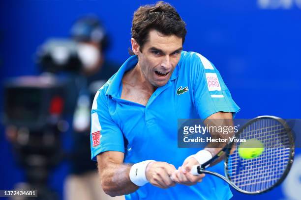 Pablo Andujar of Spain plays a backhand during a match between Daniil Medvedev of Russia and Pablo Andujar of Spain as part of day 3 of the Telcel...