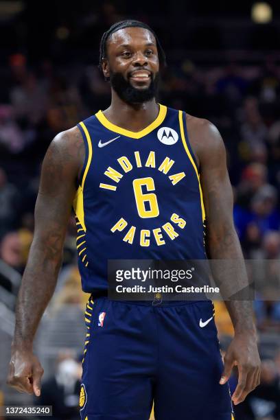 Lance Stephenson of the Indiana Pacers looks on in the game against the Washington Wizards at Gainbridge Fieldhouse on February 16, 2022 in...